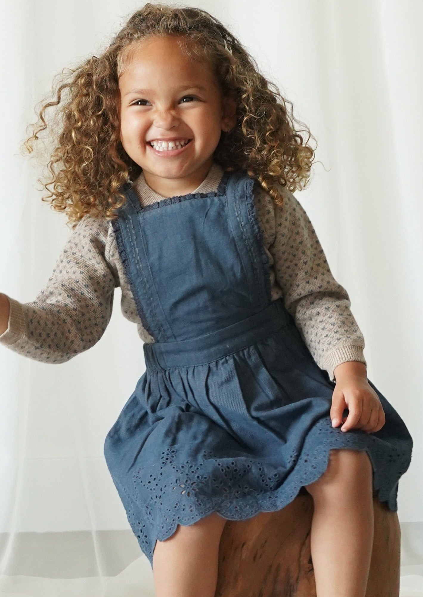 La Petit Lapin Elea | Corduroy Cotton Anglaise Dress | Vintage Blue | Playroom Avenue