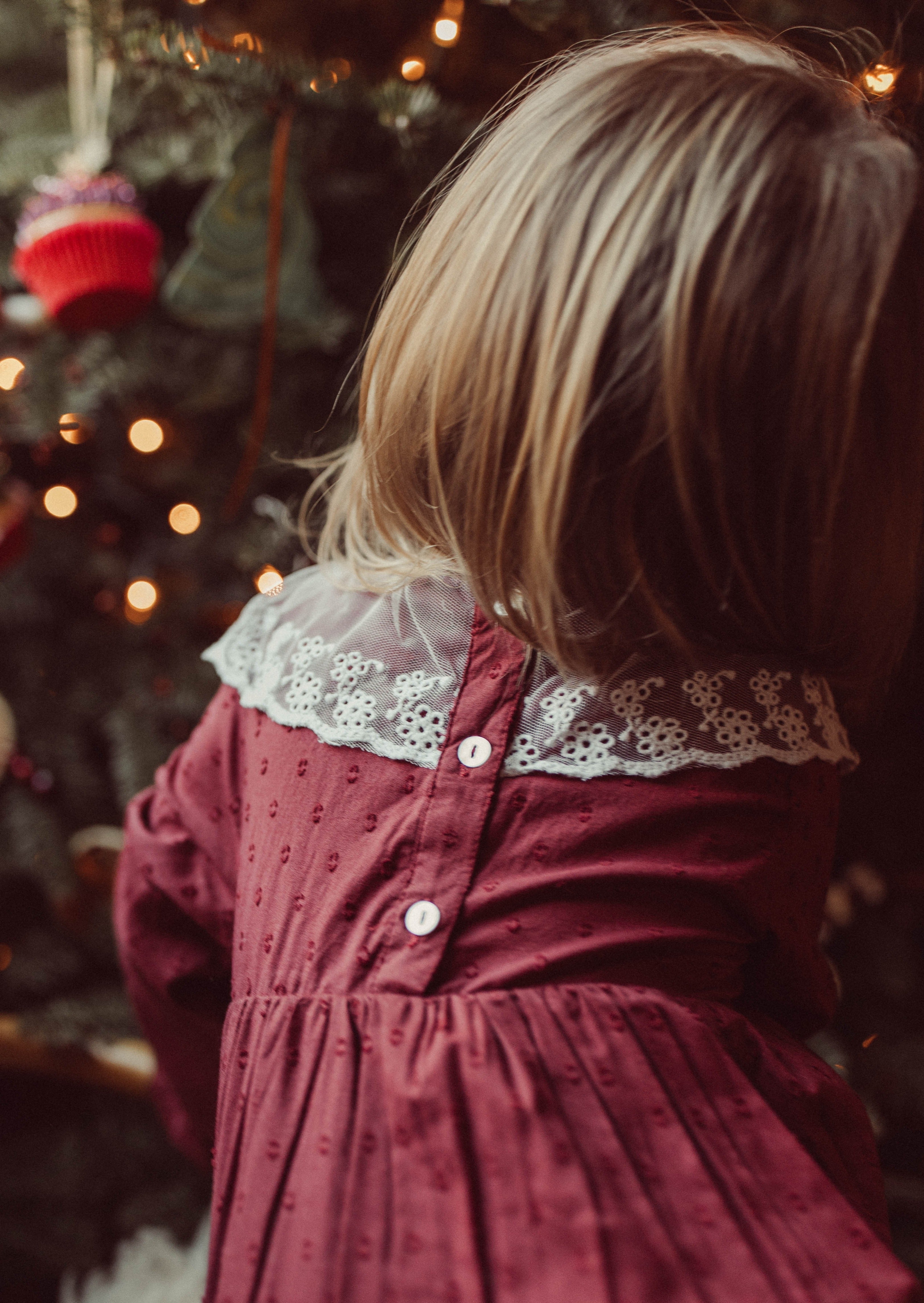 La Petit Lapin Harper | Swiss Dot Cotton Lace Dress | Merlot | Playroom Avenue