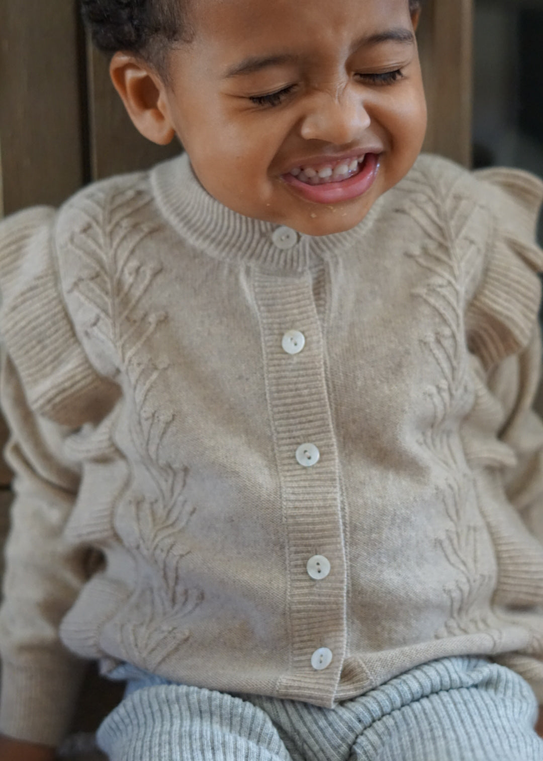 La Petit Lapin Cashmere Frill Applique Cardigan | Ecru | Playroom Avenue