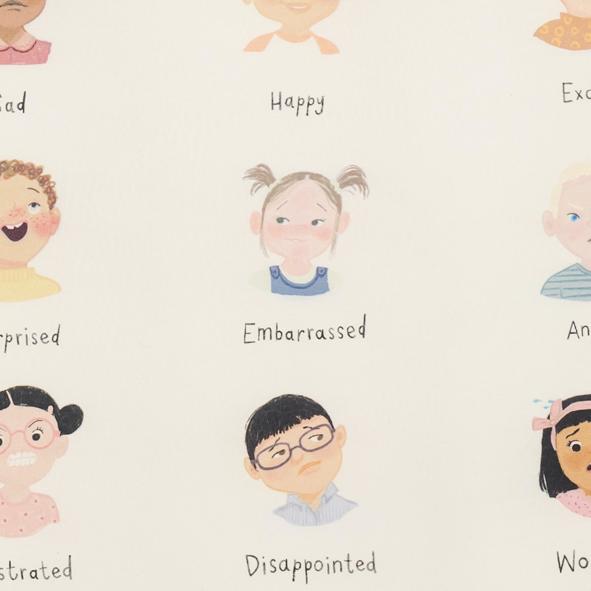 Illustrations of people with different expressions and emotions on a light background