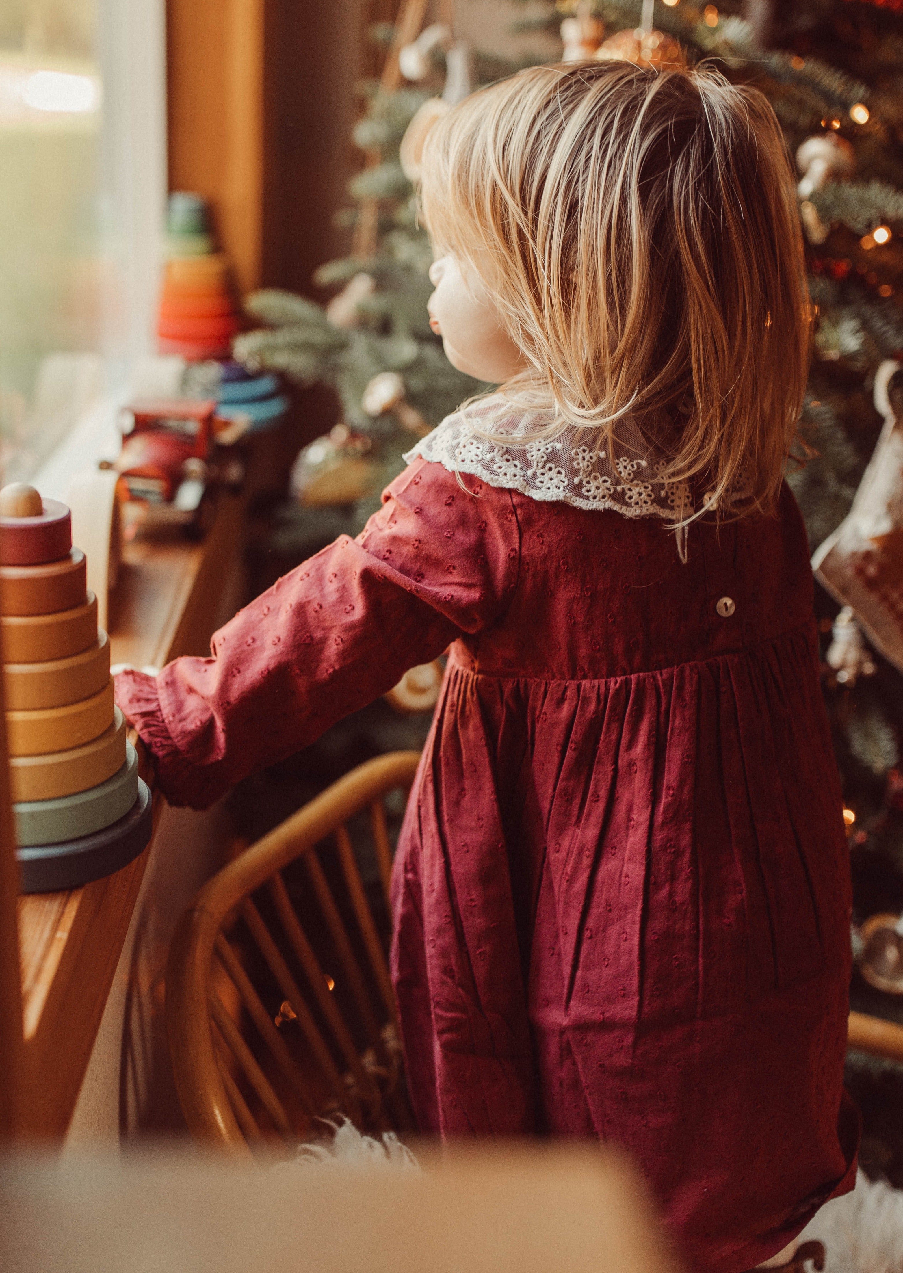 La Petit Lapin Harper | Swiss Dot Cotton Lace Dress | Merlot | Playroom Avenue
