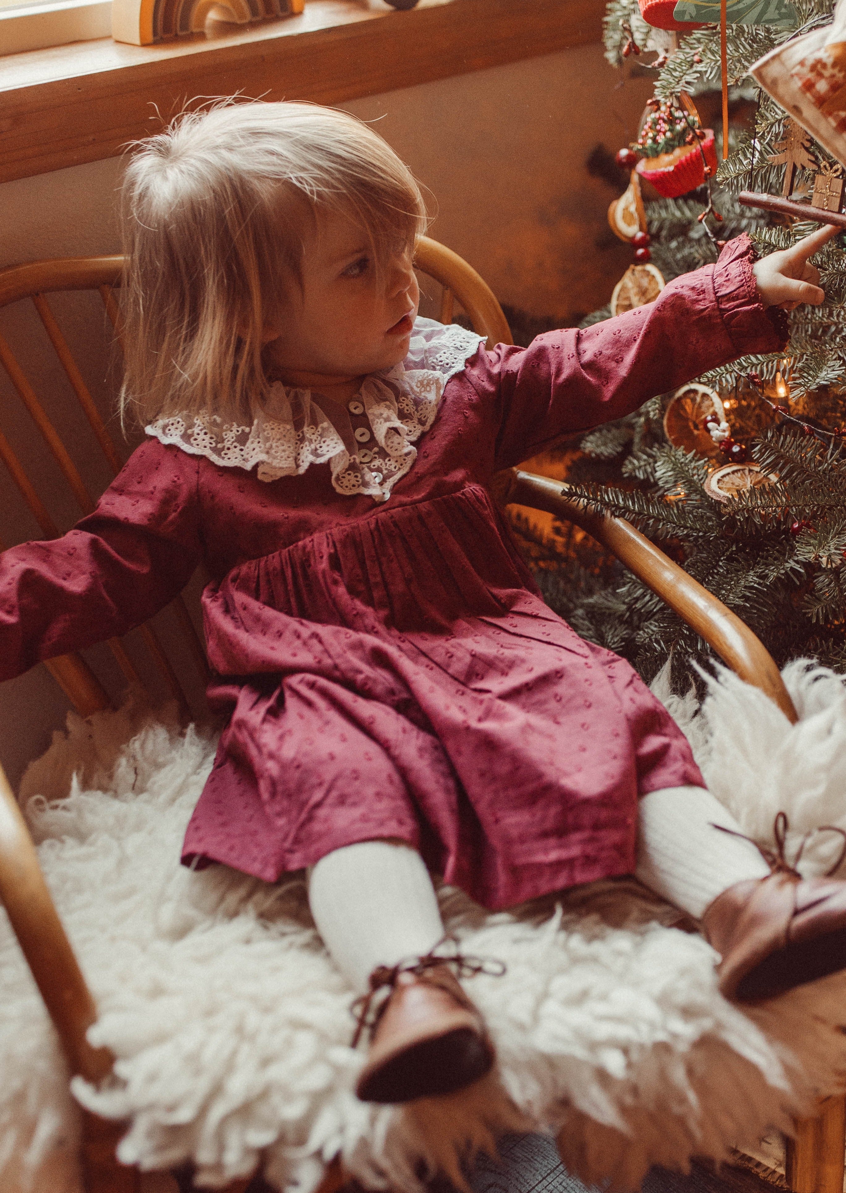 La Petit Lapin Harper | Swiss Dot Cotton Lace Dress | Merlot | Playroom Avenue