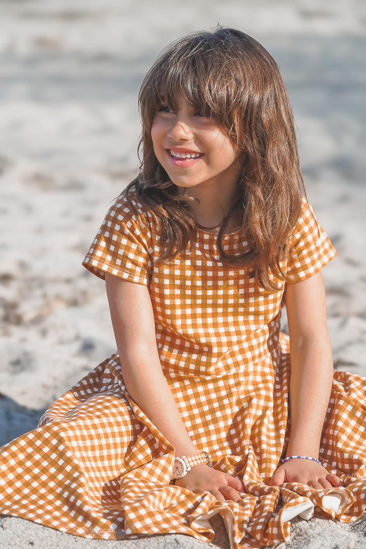 GRECH & CO. Sweetheart Twirl Dress | Organic Cotton Jersey - Sienna Gingham | Playroom Avenue