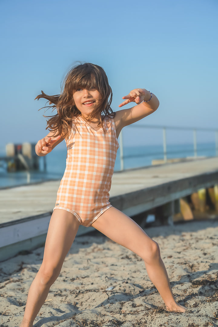 GRECH & CO. Sweetheart 1 Piece Swimsuit | UPF + Recycled - Buckwheat Plaid | Playroom Avenue