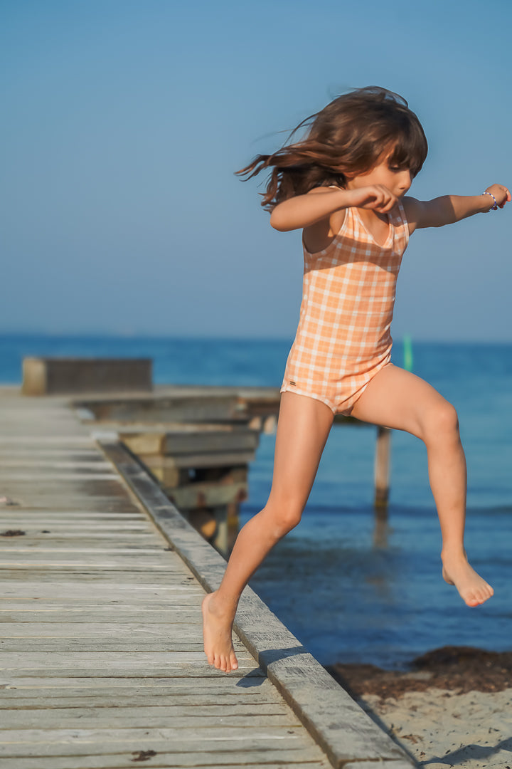 GRECH & CO. Sweetheart 1 Piece Swimsuit | UPF + Recycled - Buckwheat Plaid | Playroom Avenue