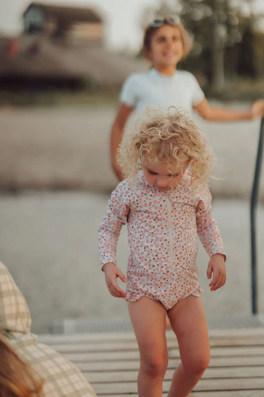 GRECH & CO. Long Sleeve Rashguard Ruffle Swimsuit | UPF + Recycled - Sunset Meadow | Playroom Avenue
