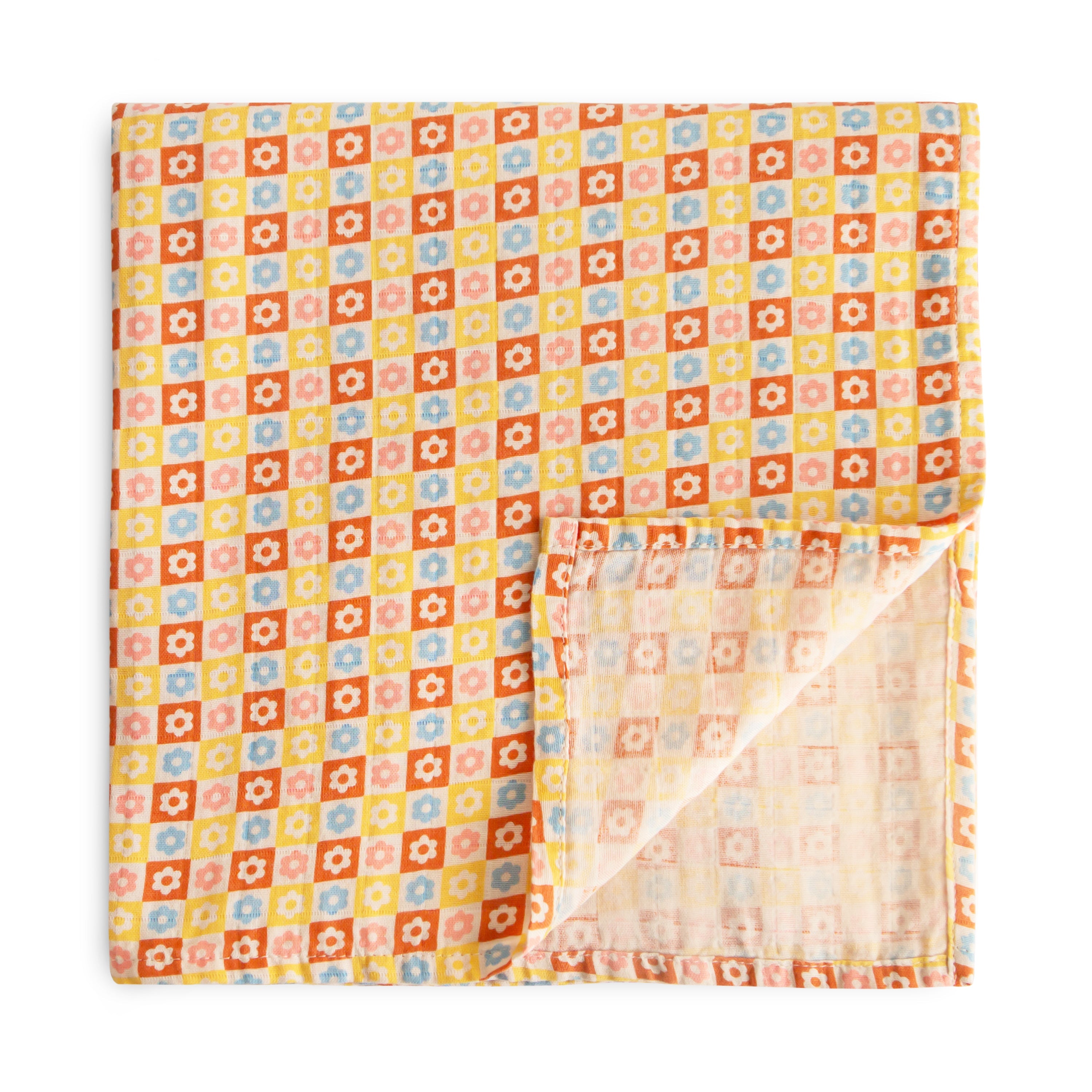 Mushie Organic Cotton Muslin Swaddle Blanket Happy Flowers Check | Playroom Avenue