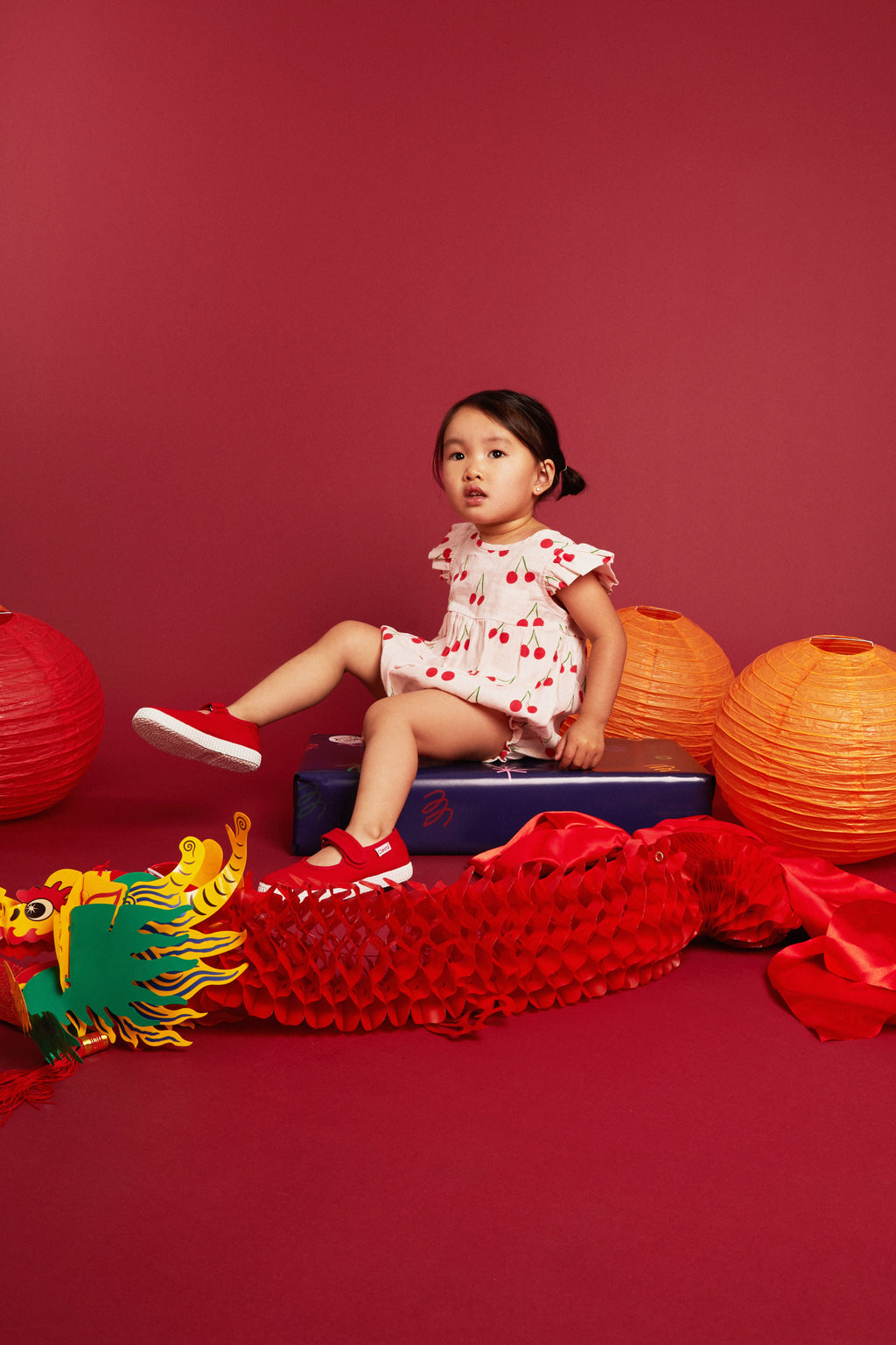 Mon Coeur Linen Cherry Ruffle Baby Romper | Playroom Avenue