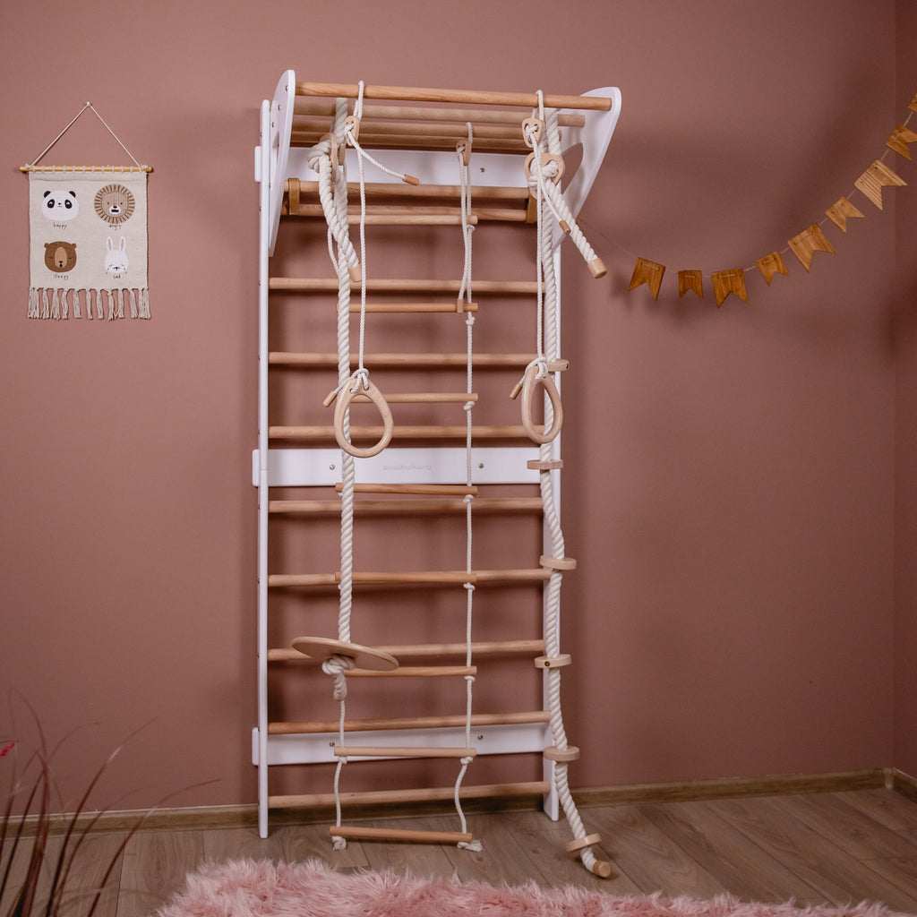 Wood and Hearts Swedish Wall Gym Set with Accessories Standard White + Natural Wood | Playroom Avenue