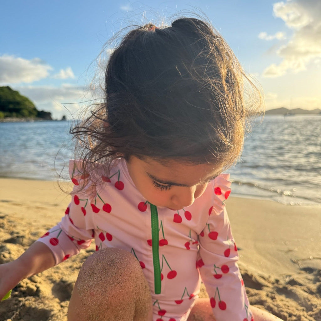 Mon Coeur UPF 50+ Recycled Polyester Cherry Kid Zipped Rashguard Onepiece