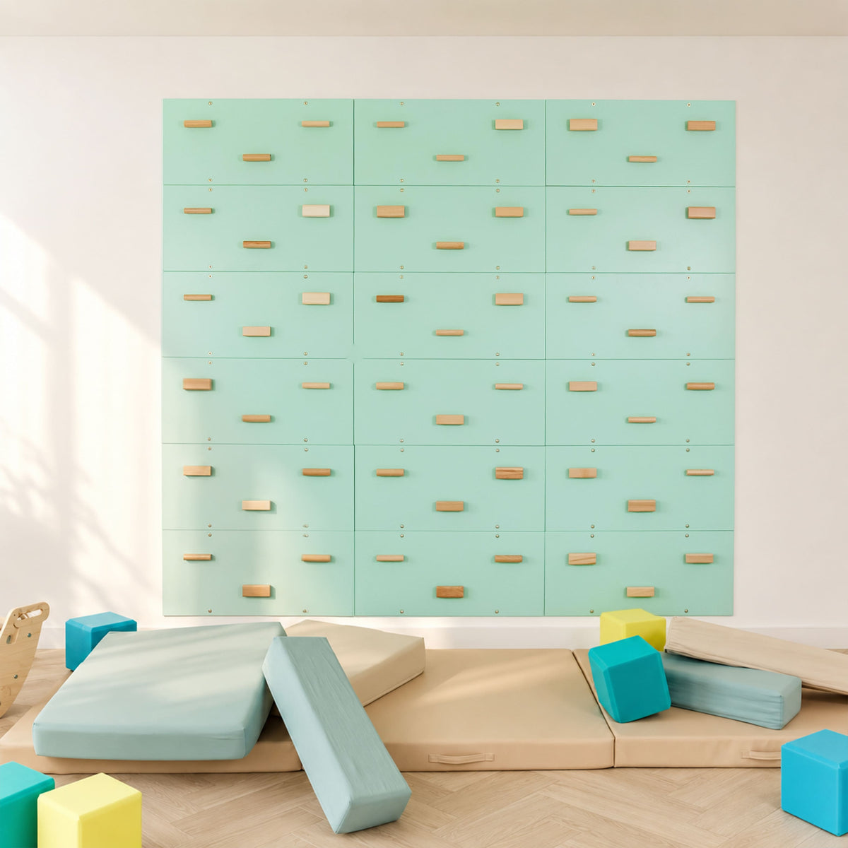 Wood and Hearts Rock Climbing Wall Cool Mint Set of 18 panels | Playroom Avenue