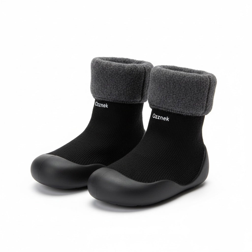 Ozznekshoes Cozy Sock Shoes for Kids- Warm First Walker Shoes | Fleece Lined Black | Playroom Avenue