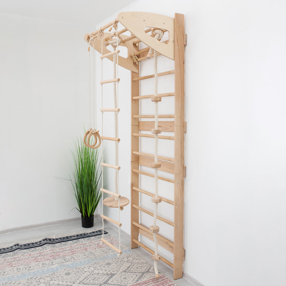 Wood and Hearts Swedish Wall Gym Set with Accessories Extended Natural Wood | Playroom Avenue