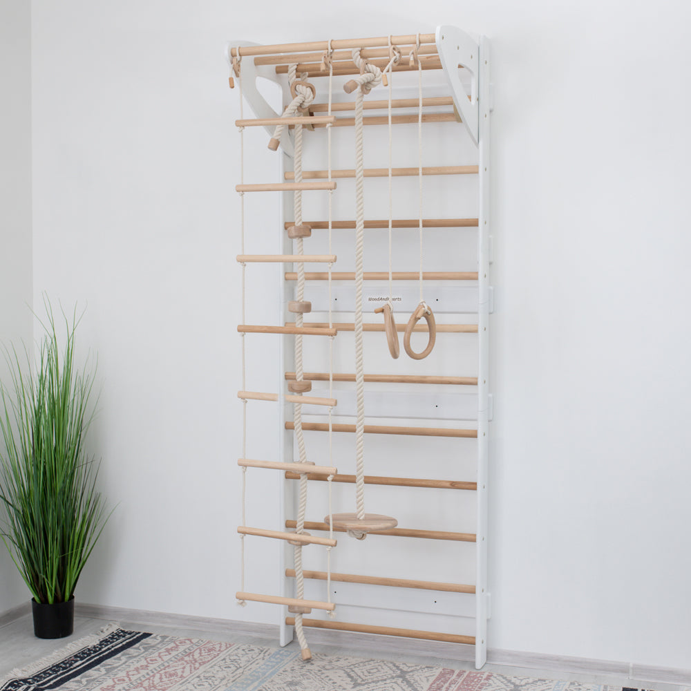 Wood and Hearts Swedish Wall Gym Set with Accessories Extended White + Natural Wood | Playroom Avenue