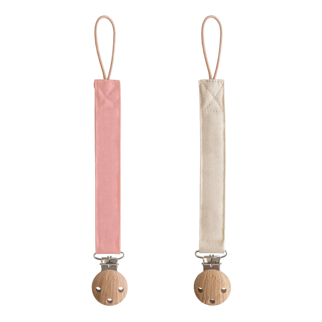 Mushie Linen Pacifier Clip 2-Pack Dusty Rose Shifting Sand | Playroom Avenue