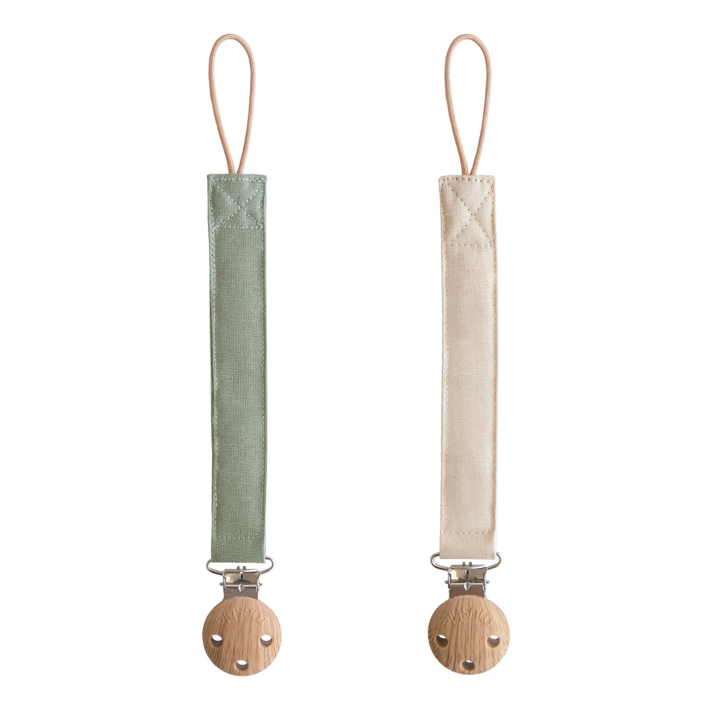 Mushie Linen Pacifier Clip 2-Pack Olive Shifting Sand | Playroom Avenue