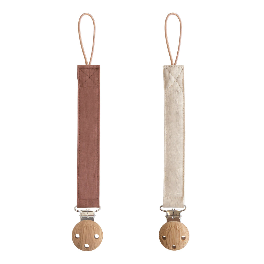 Mushie Linen Pacifier Clip 2-Pack Walnut Shifting Sand | Playroom Avenue