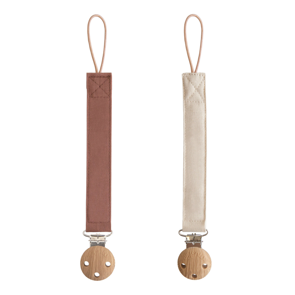 Mushie Linen Pacifier Clip 2-Pack Walnut Shifting Sand | Playroom Avenue