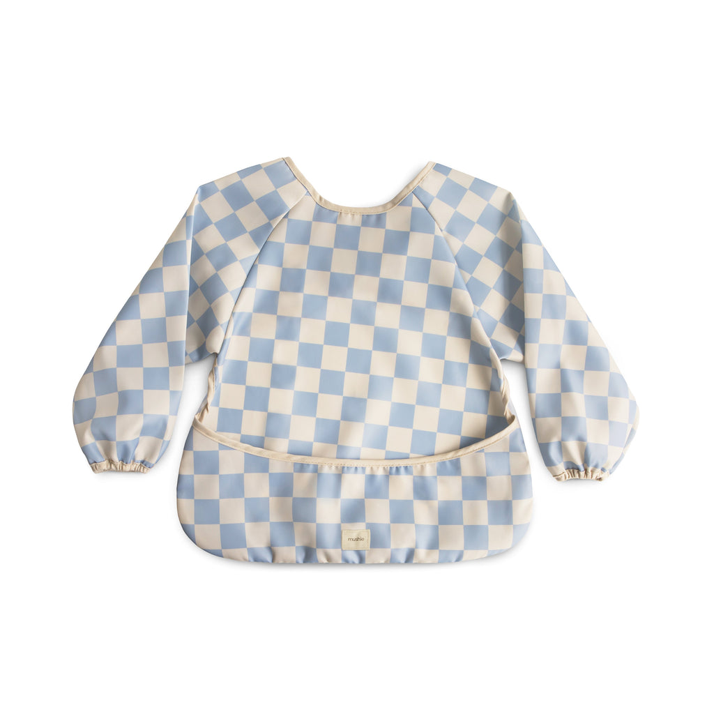 Mushie Long Sleeve Bib Blue Check | Playroom Avenue