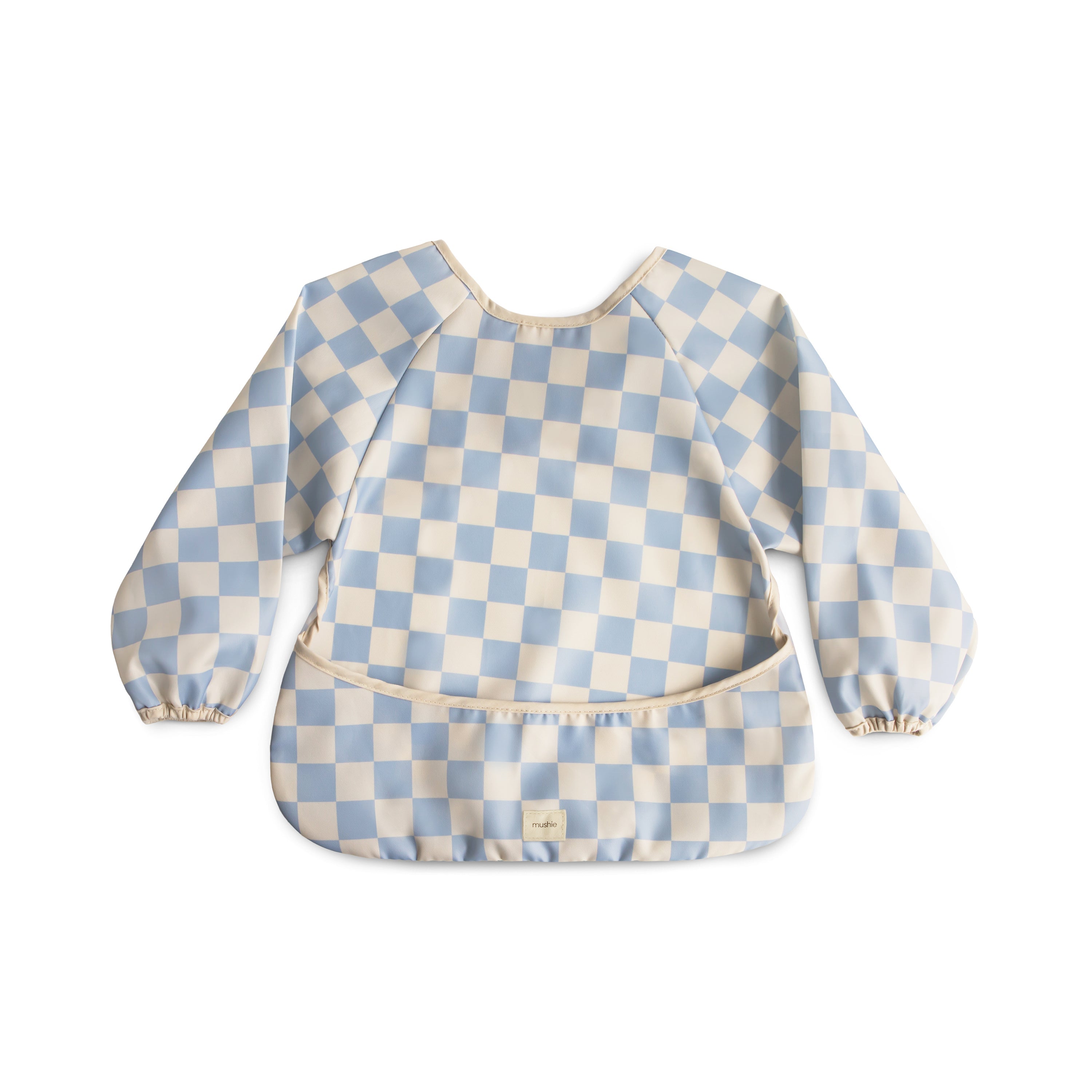 Mushie Long Sleeve Bib Blue Check | Playroom Avenue