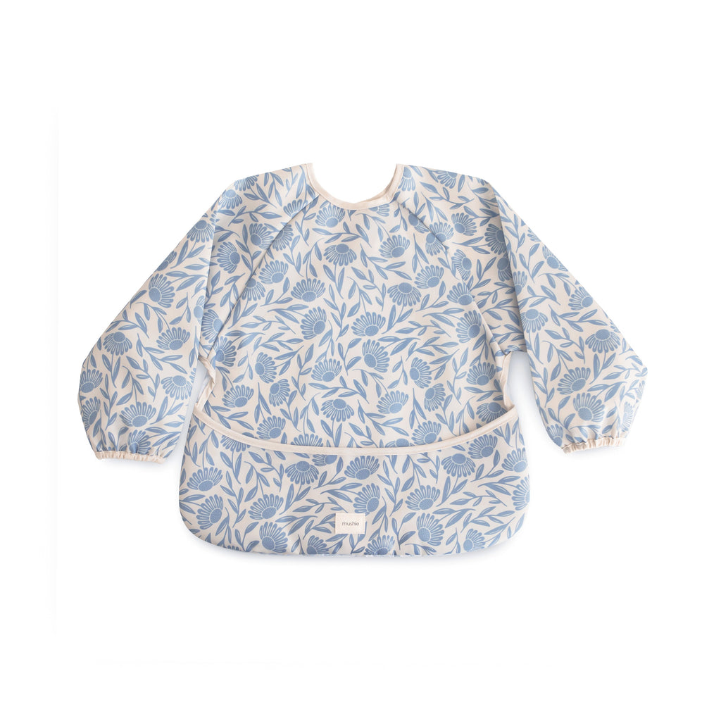 Mushie Long Sleeve Bib Blue Flowers | Playroom Avenue