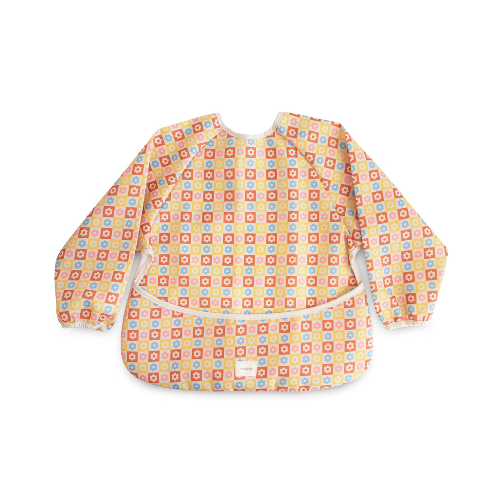 Mushie Long Sleeve Bib Happy Flowers Check | Playroom Avenue