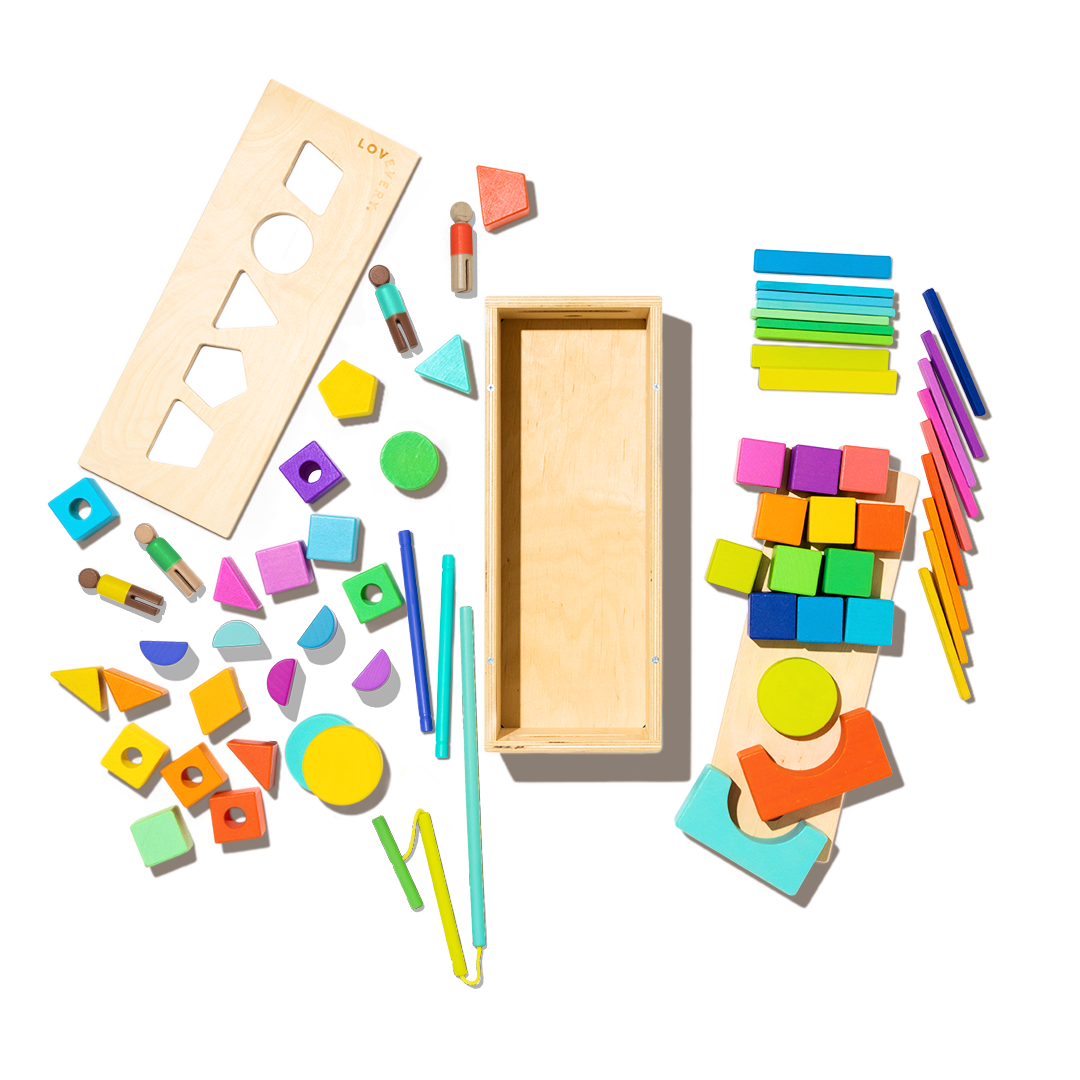 Colorful wooden geometric shapes and tools on a white background