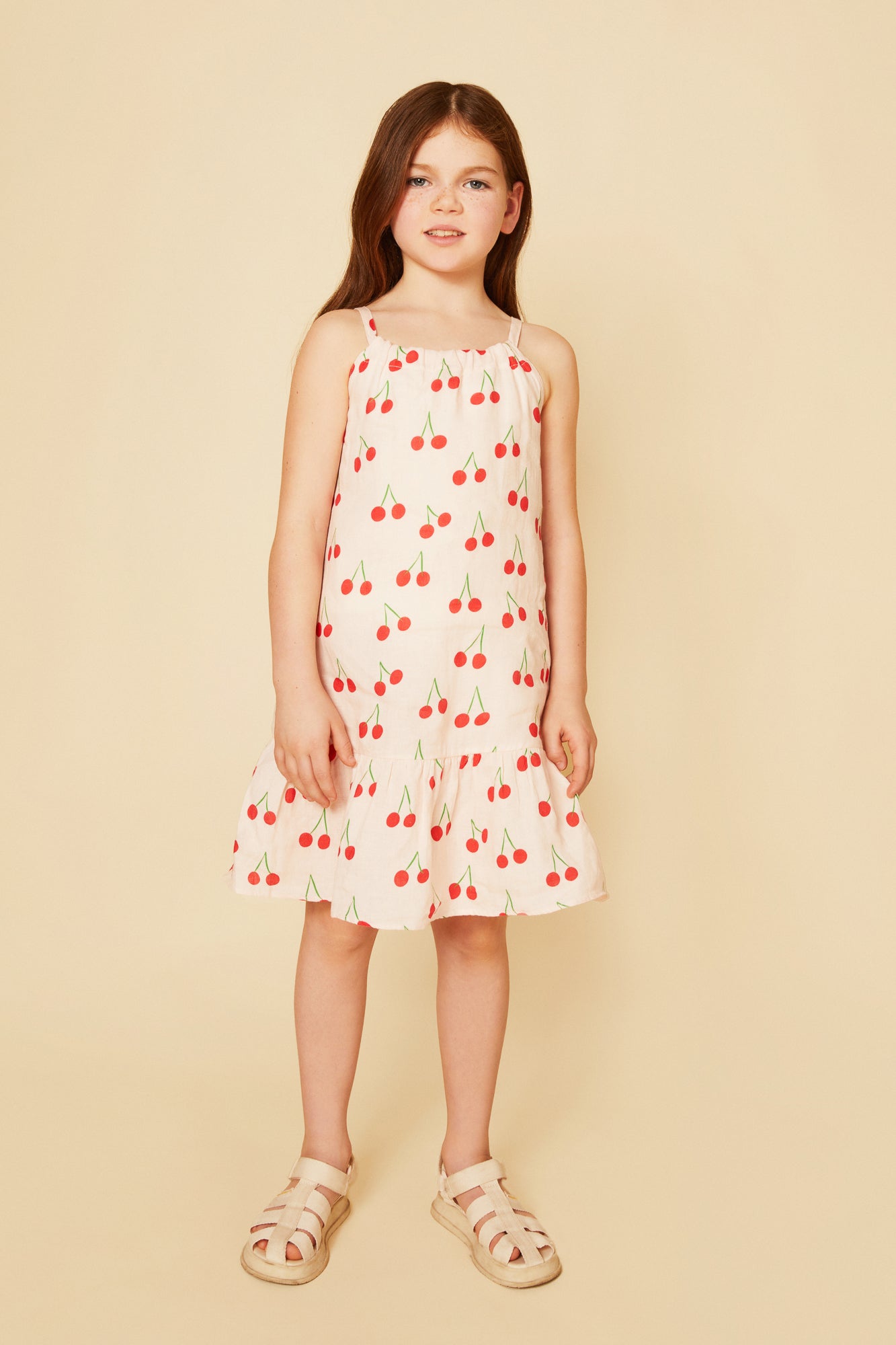 Mon Coeur Linen Cherry Strappy Kid Dress | Playroom Avenue