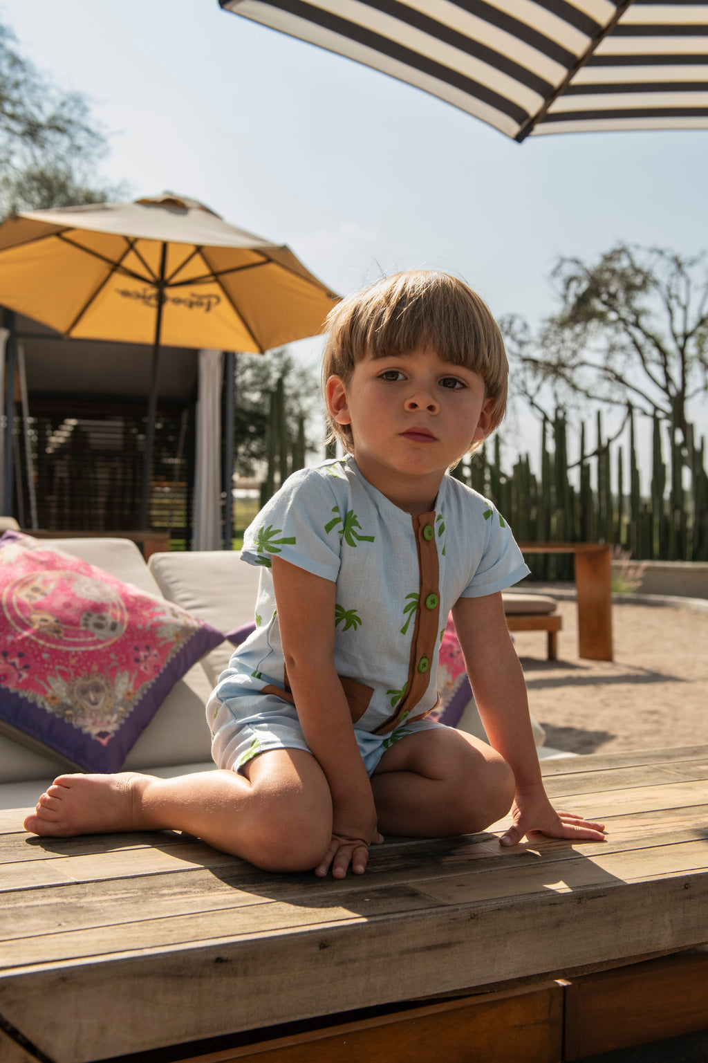 Mon Coeur Linen Palm Tree Pocket Baby Romper