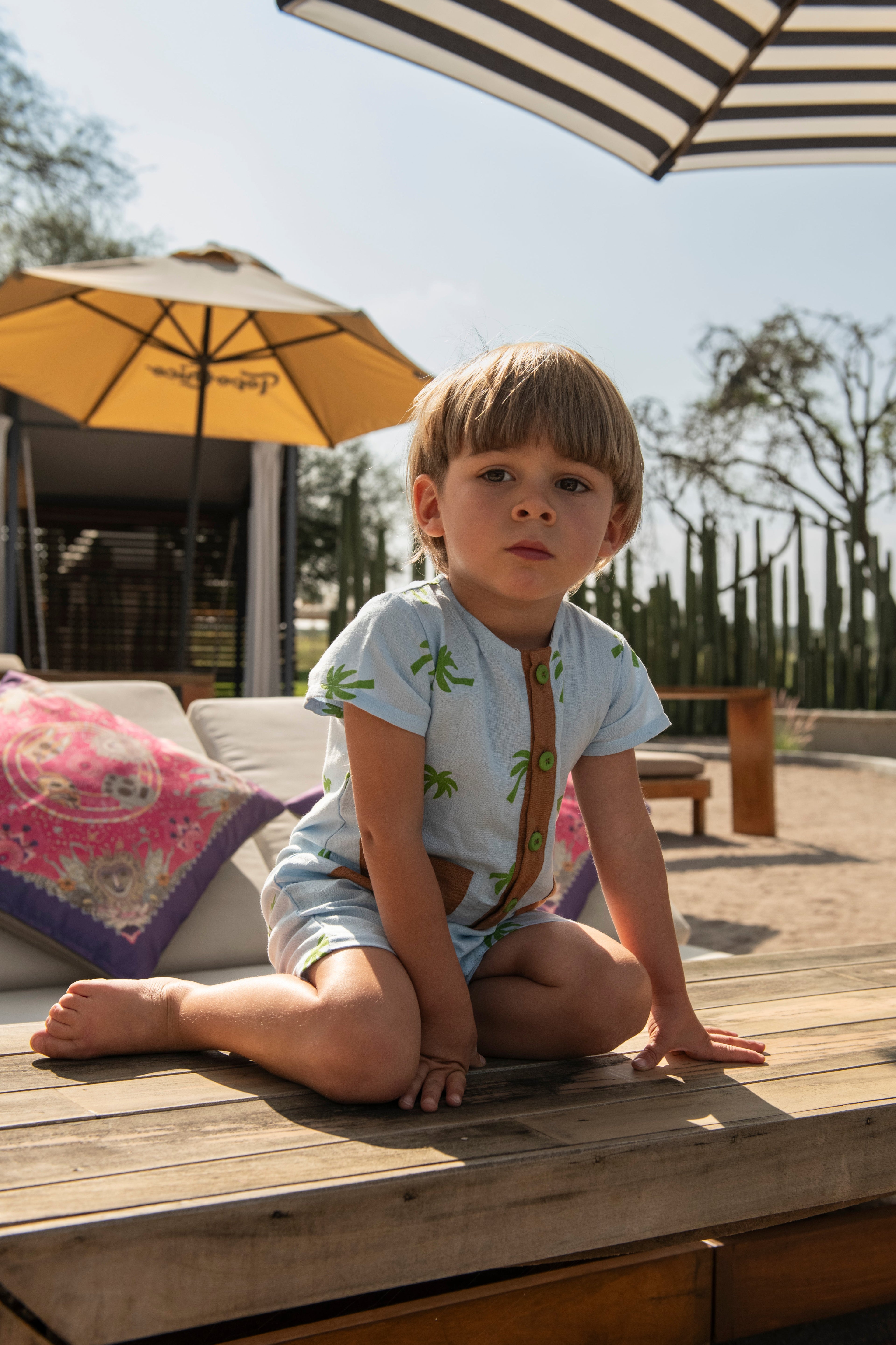 Mon Coeur Linen Palm Tree Pocket Baby Romper
