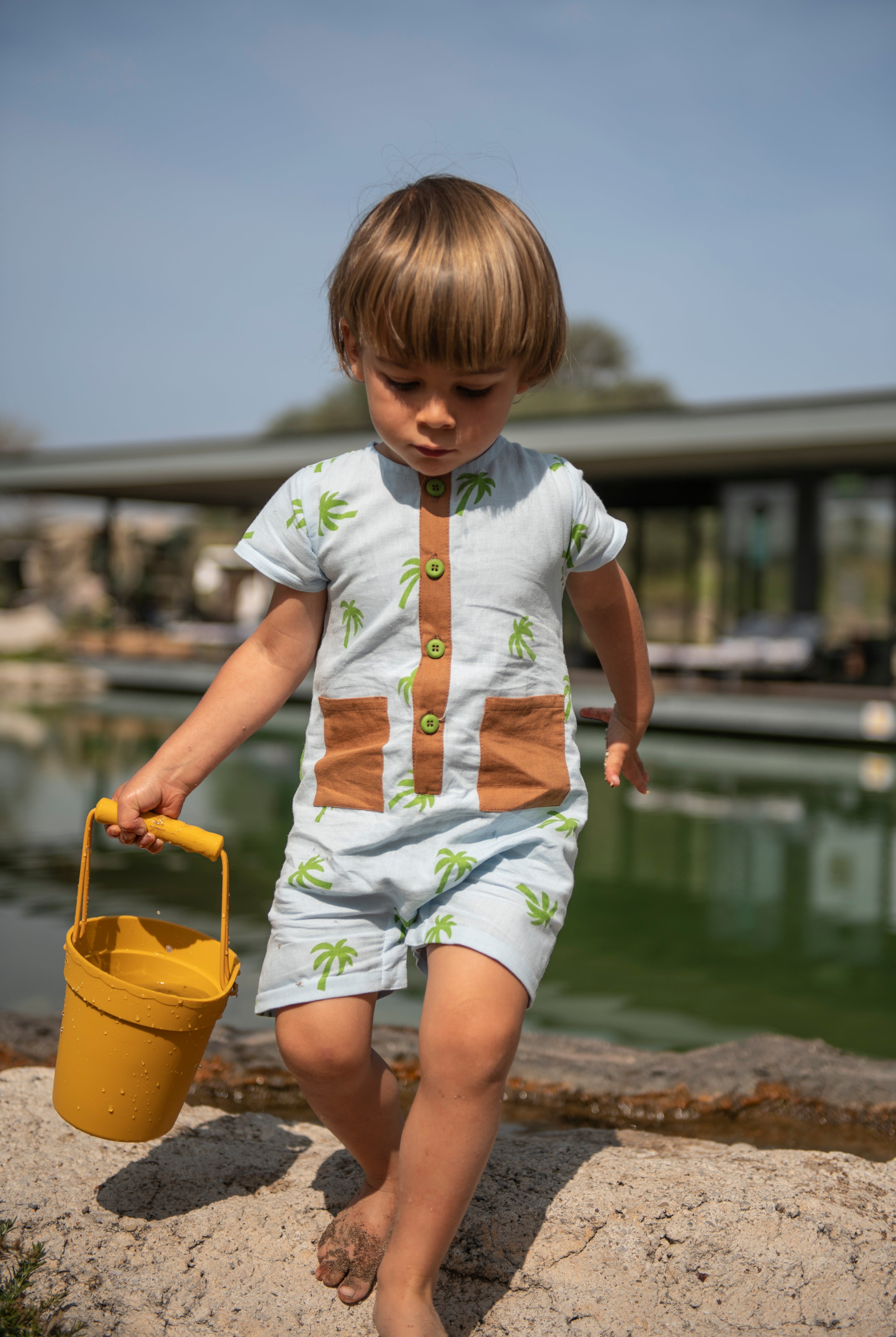 Mon Coeur Linen Palm Tree Pocket Baby Romper