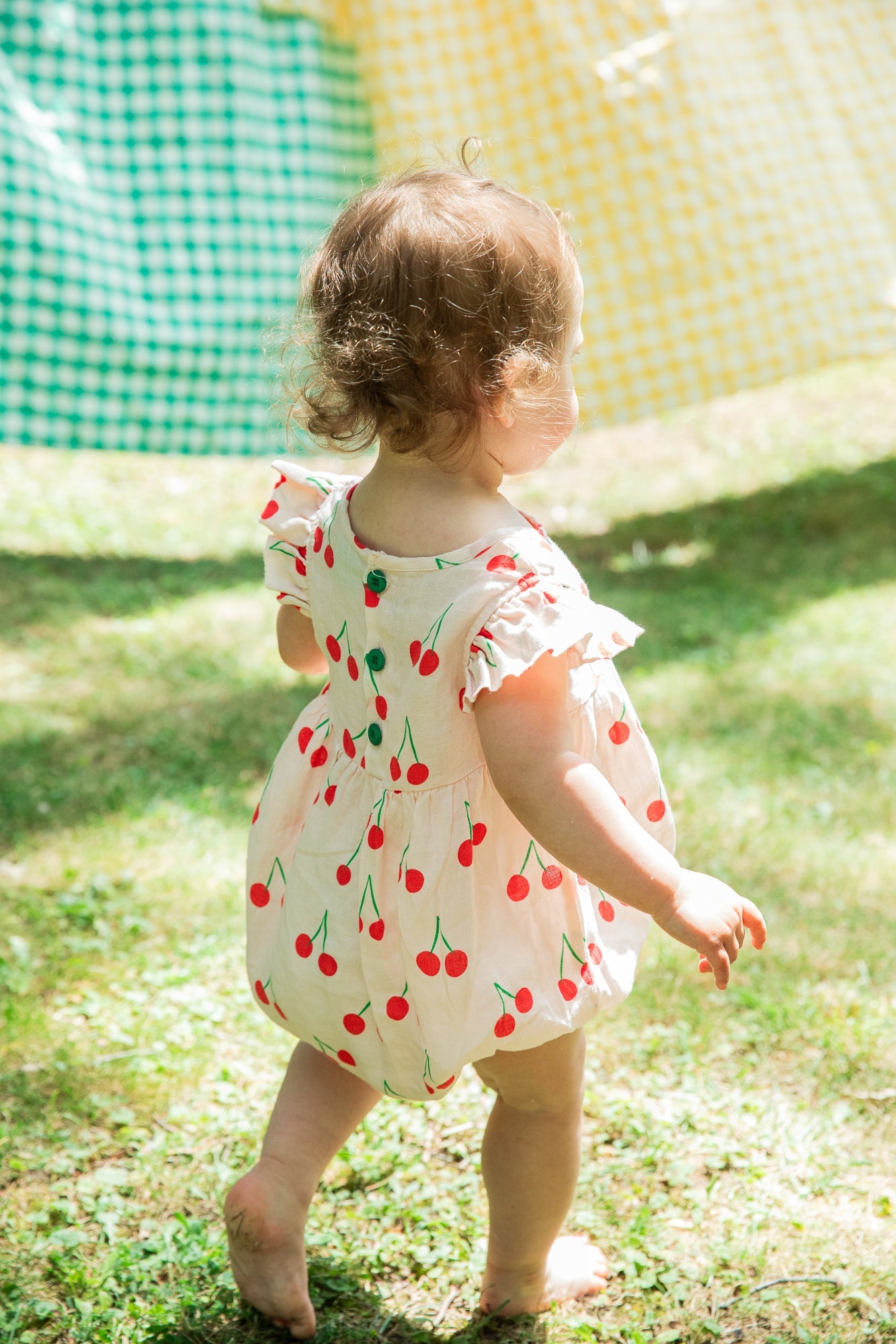 Mon Coeur Linen Cherry Ruffle Baby Romper | Playroom Avenue
