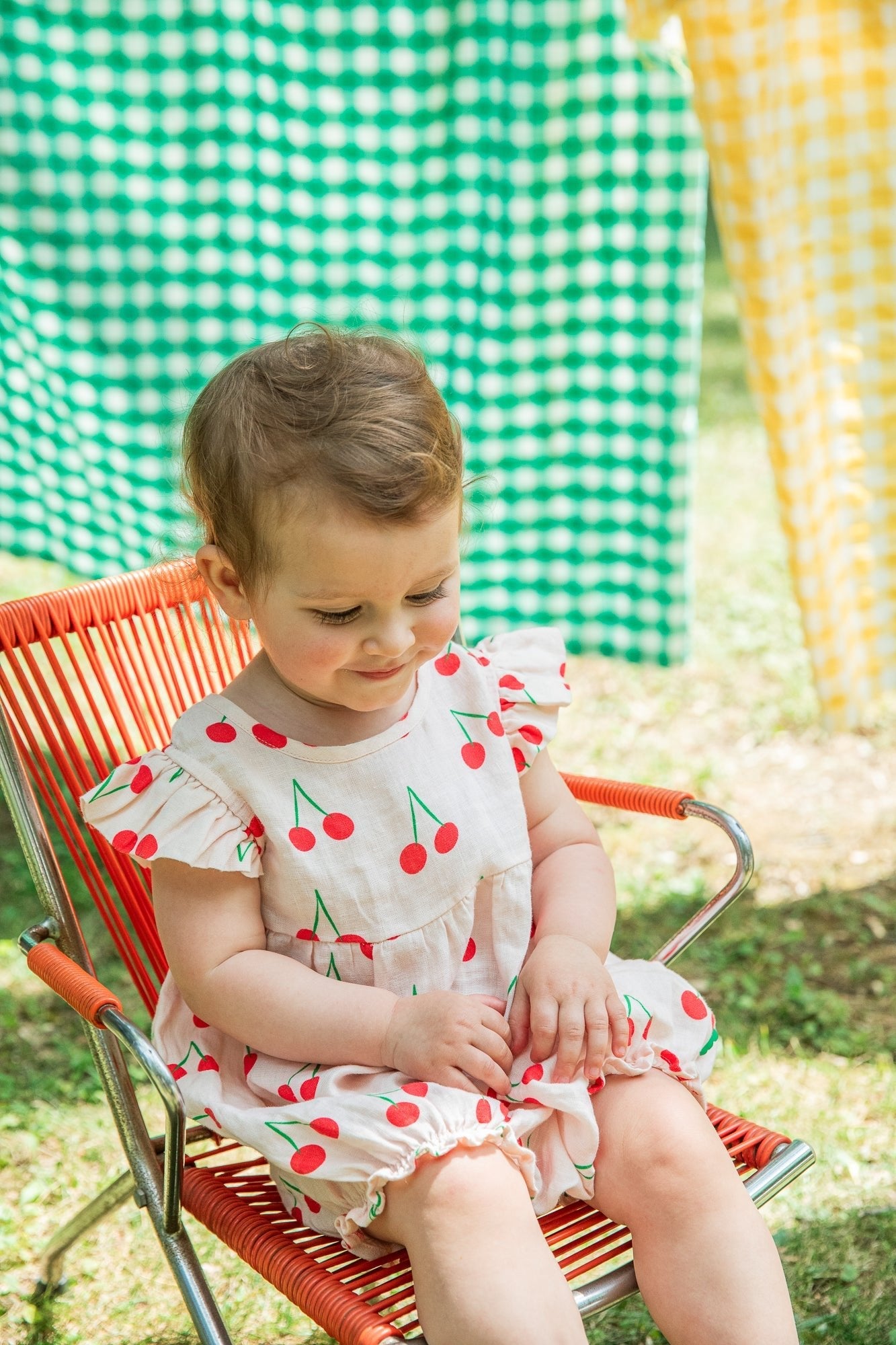 Mon Coeur Linen Cherry Ruffle Baby Romper | Playroom Avenue