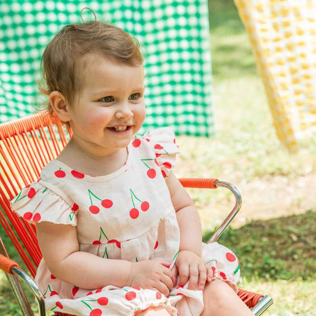 Mon Coeur Linen Cherry Ruffle Baby Romper | Playroom Avenue