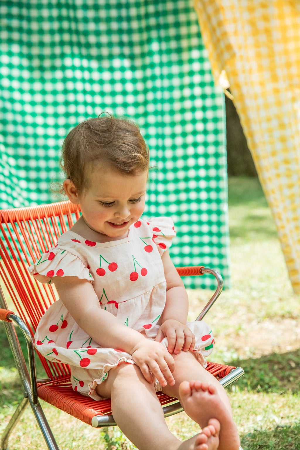 Mon Coeur Linen Cherry Ruffle Baby Romper | Playroom Avenue