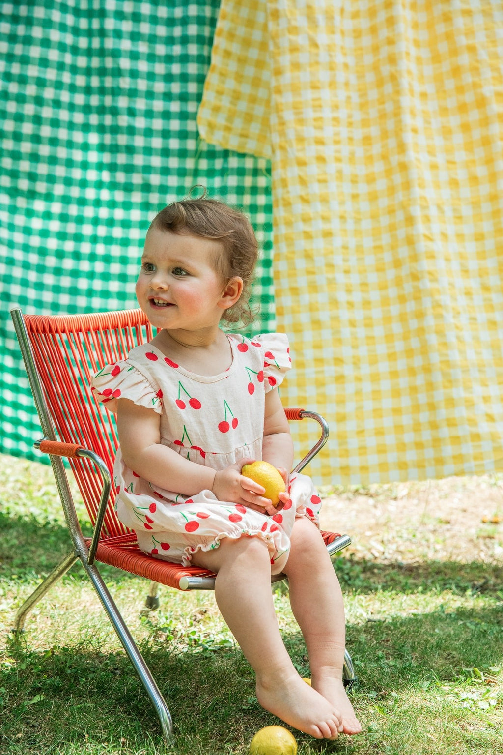 Mon Coeur Linen Cherry Ruffle Baby Romper | Playroom Avenue