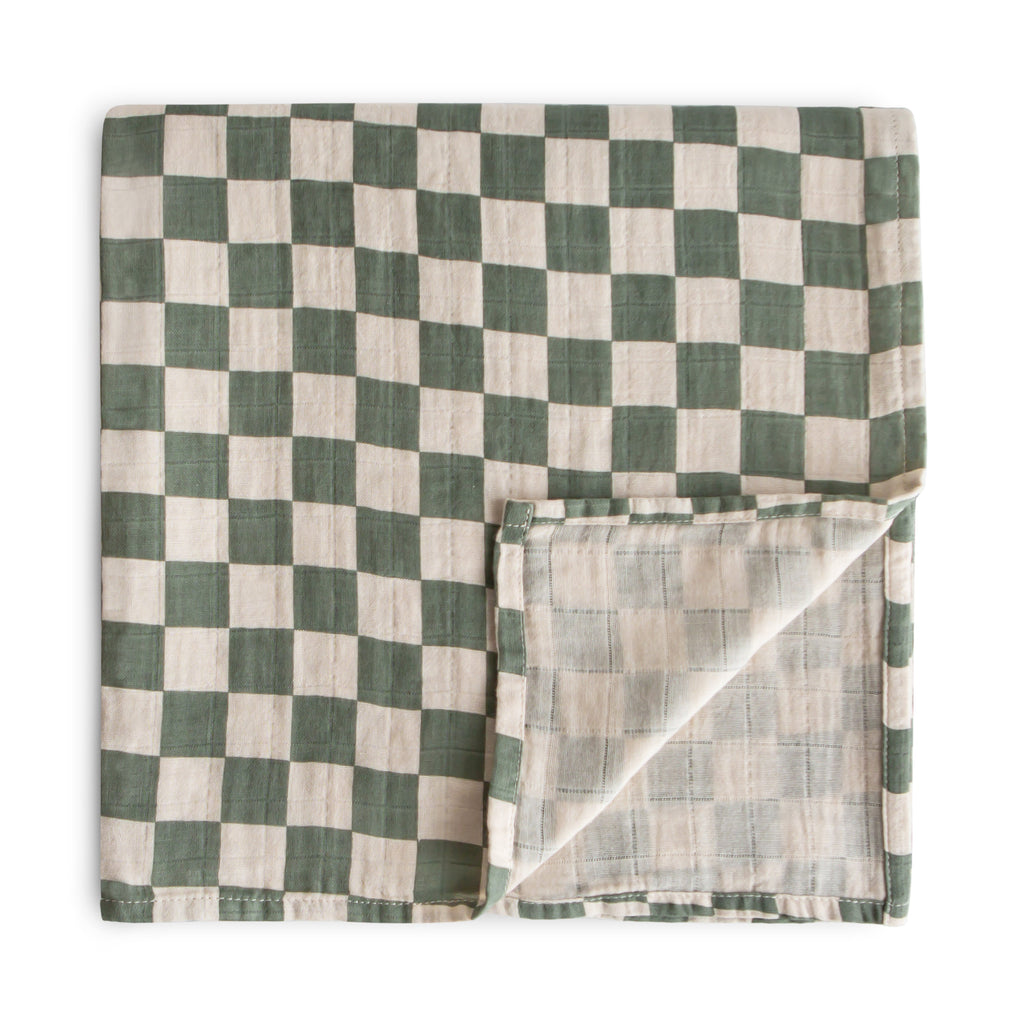 Mushie Organic Cotton Muslin Swaddle Blanket Olive Check | Playroom Avenue