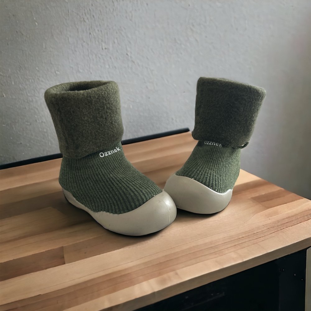 Ozznekshoes Cozy Sock Shoes for Kids- Warm First Walker Shoes | Fleece Lined Green | Playroom Avenue