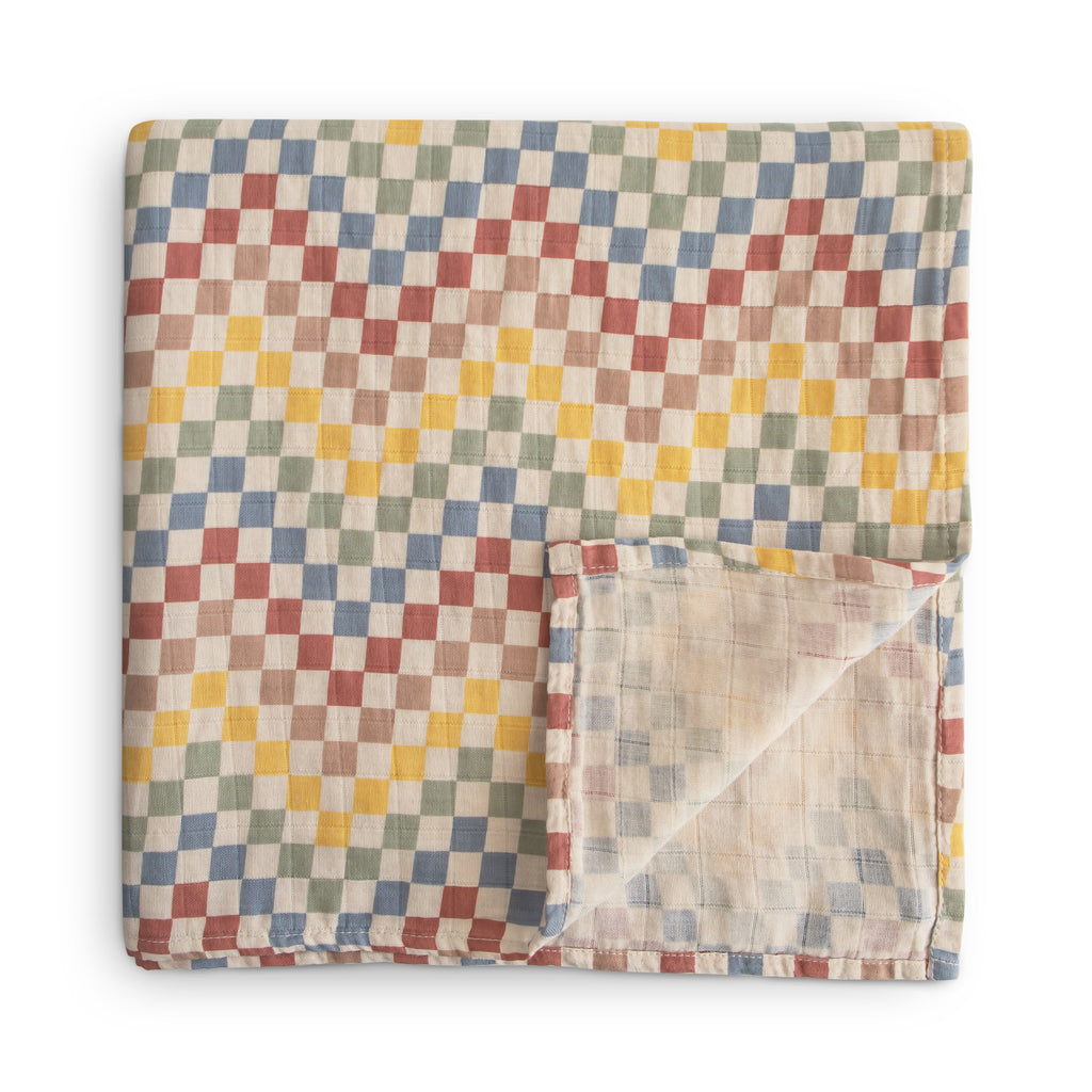 Mushie Organic Cotton Muslin Swaddle Blanket Retro Check | Playroom Avenue