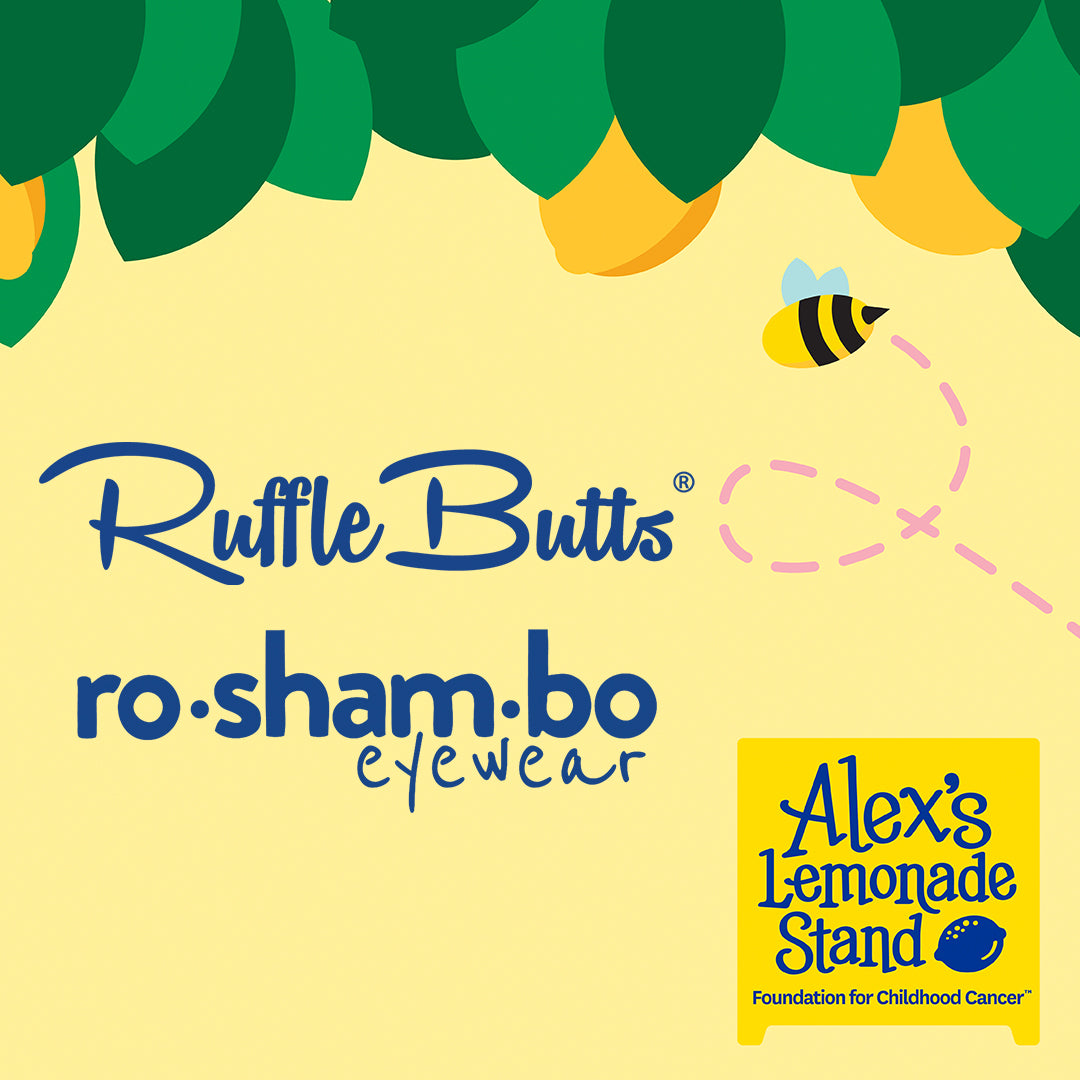 ro•sham•bo eyewear RuggedButts Boys Rainbow Stripe Swim Trunks & Rash Guard with Roshambo Blue Sunglasses | Playroom Avenue