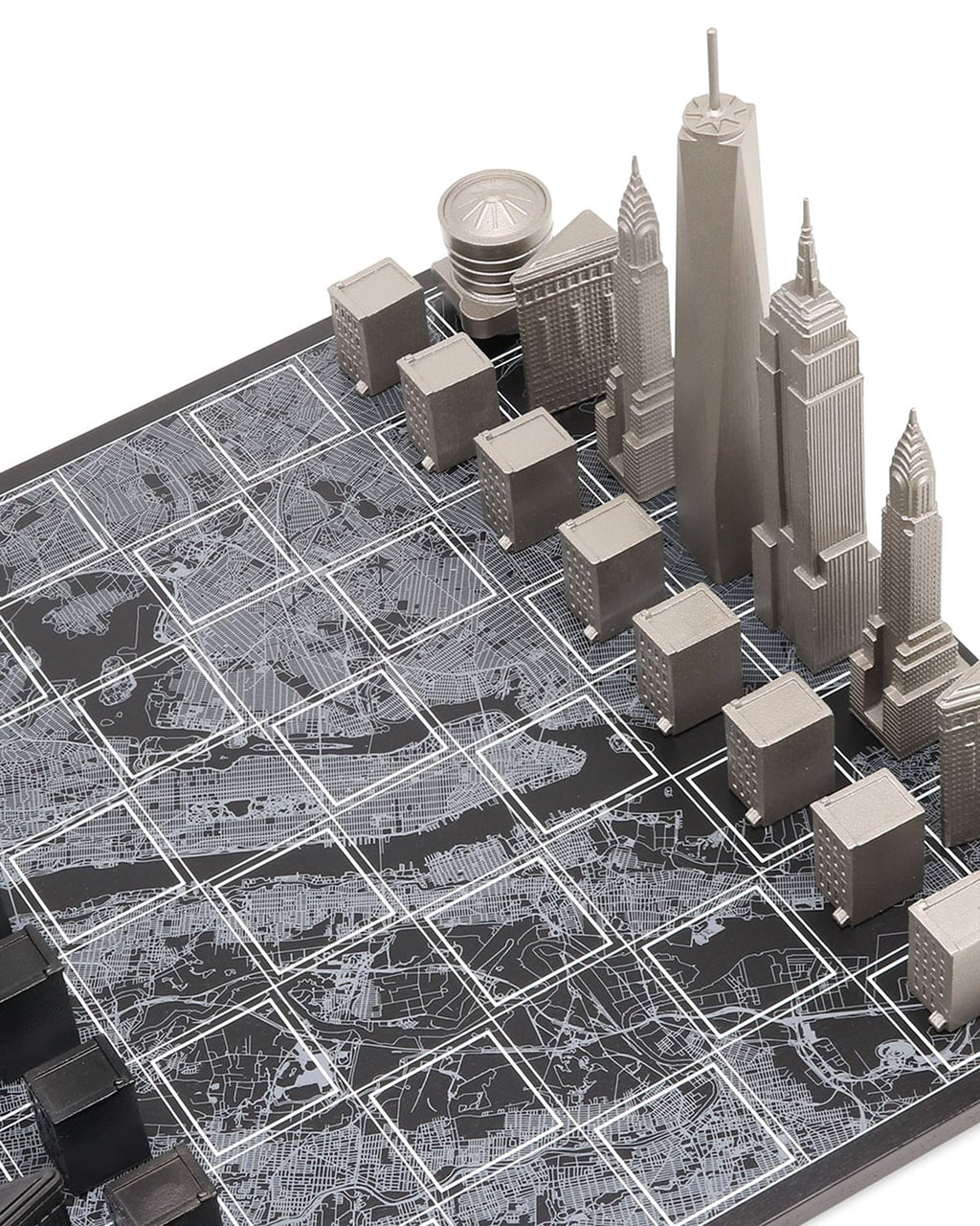 Skyline Chess Chess Set Stainless Steel NEW YORK Edition with Wood Map Board | Playroom Avenue