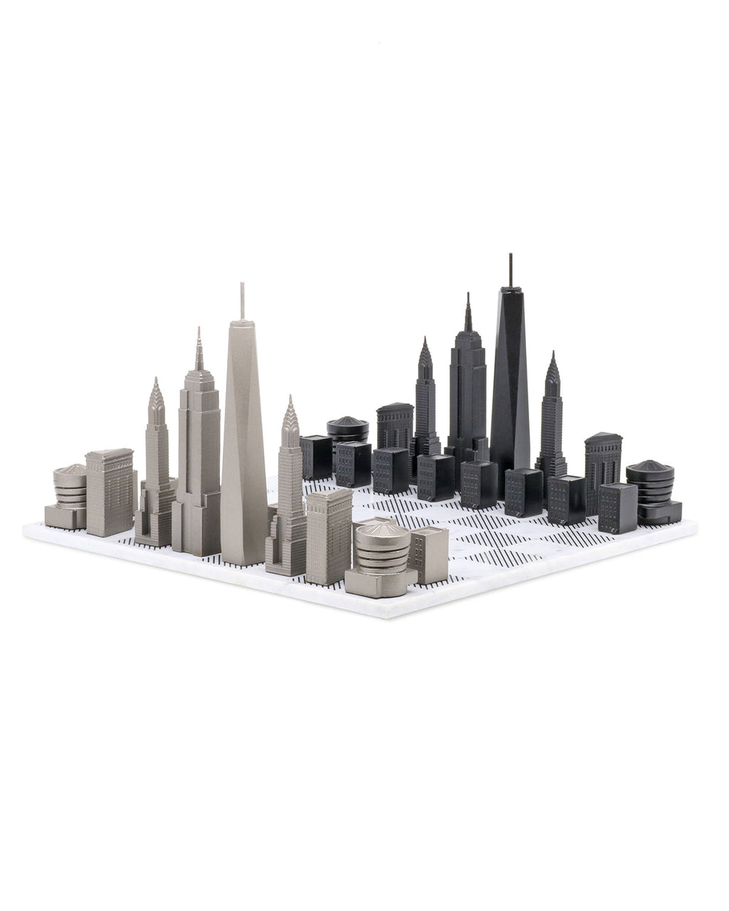 Skyline Chess Chess Set Stainless Steel NEW YORK Edition with Marble Hatch Board | Playroom Avenue