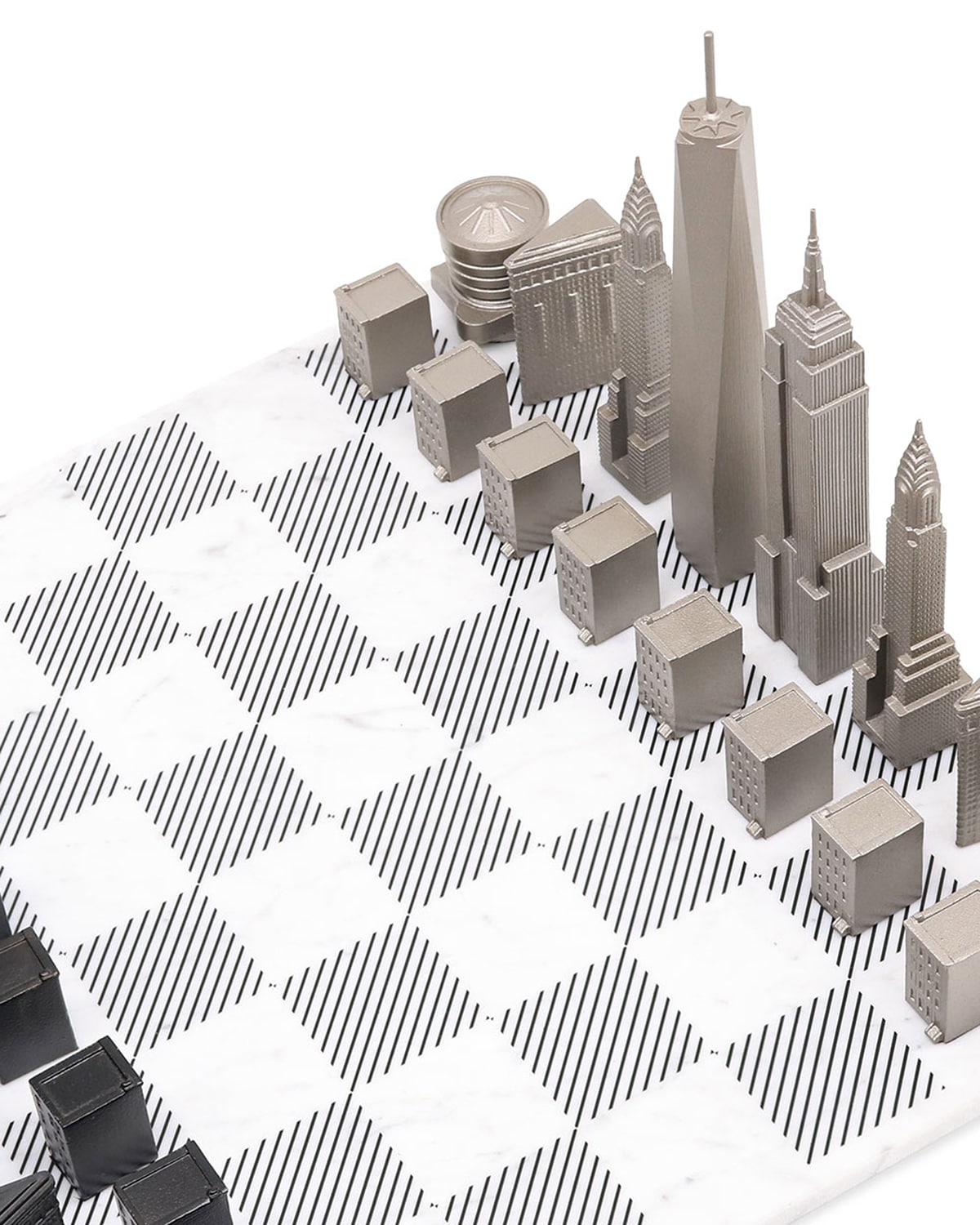 Skyline Chess Chess Set Stainless Steel NEW YORK Edition with Marble Hatch Board | Playroom Avenue