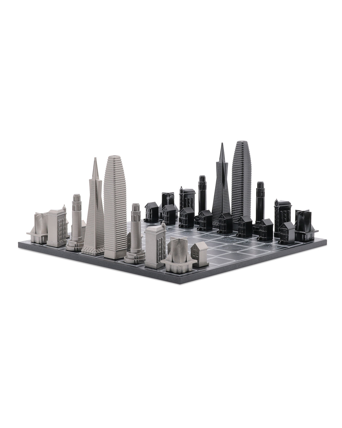 Skyline Chess Chess Set Stainless Steel SAN FRANCISCO Edition with Wood Map Board | Playroom Avenue