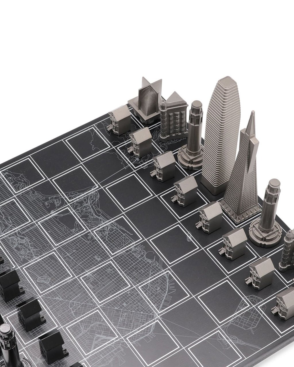 Skyline Chess Chess Set Stainless Steel SAN FRANCISCO Edition with Wood Map Board | Playroom Avenue