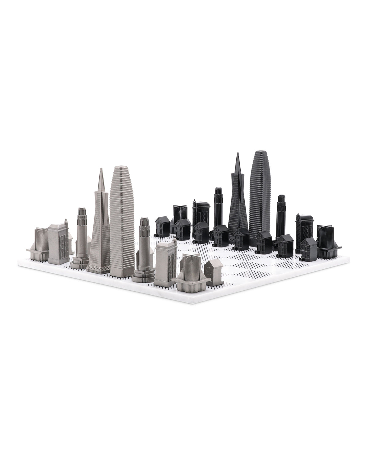 Skyline Chess Chess Set Stainless Steel SAN FRANCISCO Edition with Marble Hatch Board | Playroom Avenue