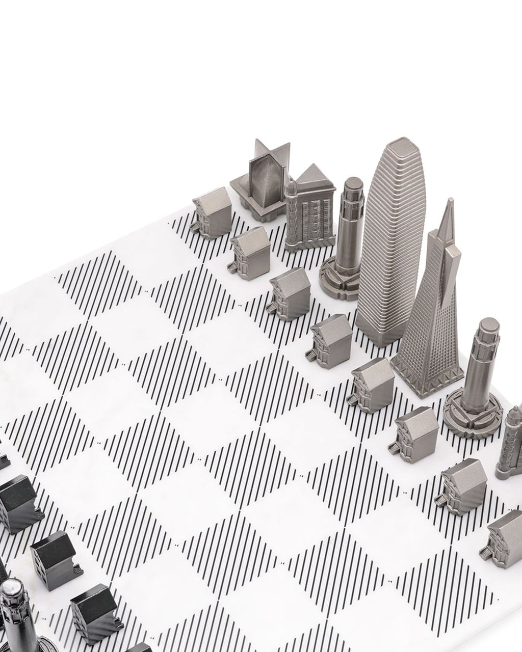 Skyline Chess Chess Set Stainless Steel SAN FRANCISCO Edition with Marble Hatch Board | Playroom Avenue