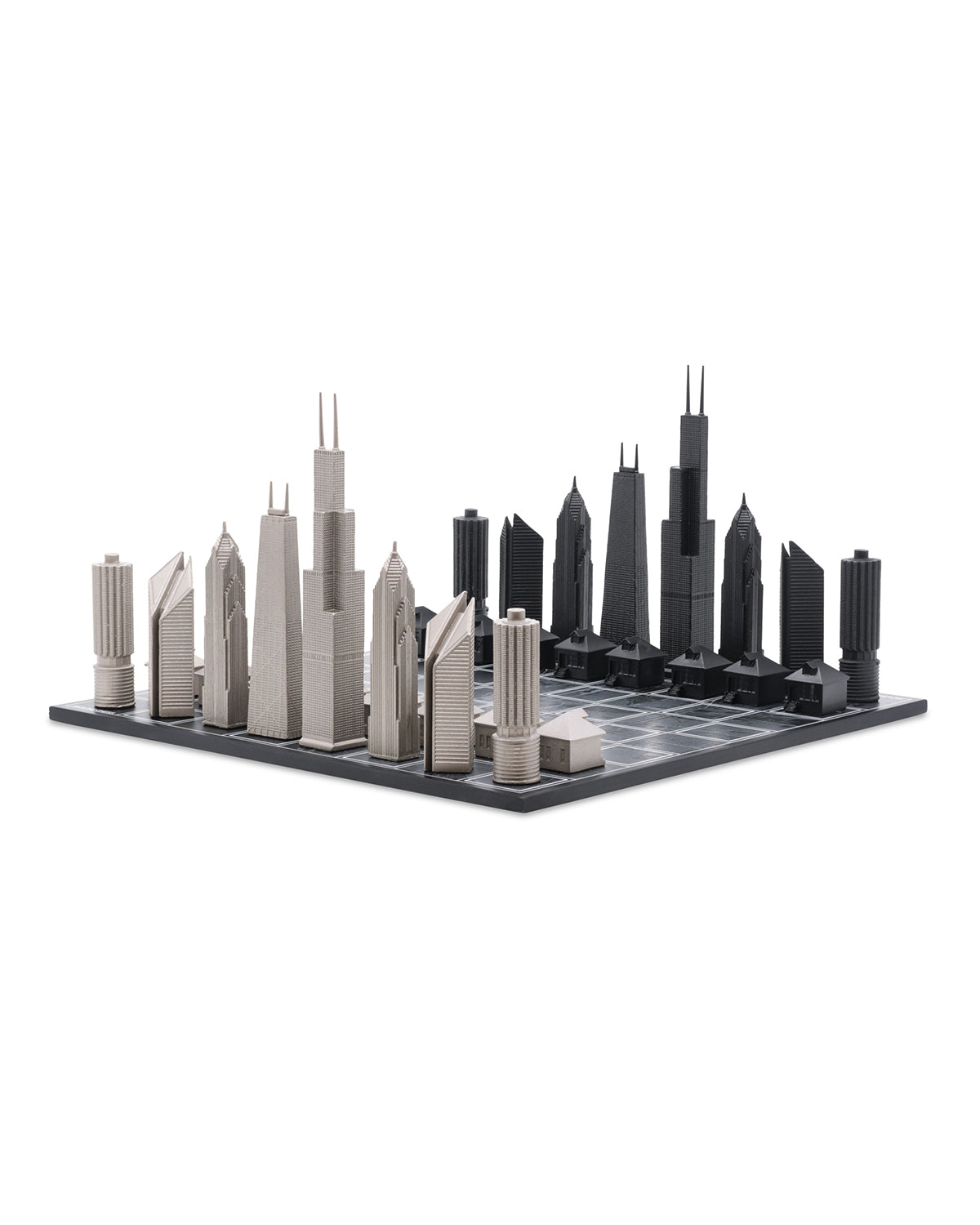 Skyline Chess Chess Set Stainless Steel CHICAGO Edition with Chicago Wood Map Board | Playroom Avenue