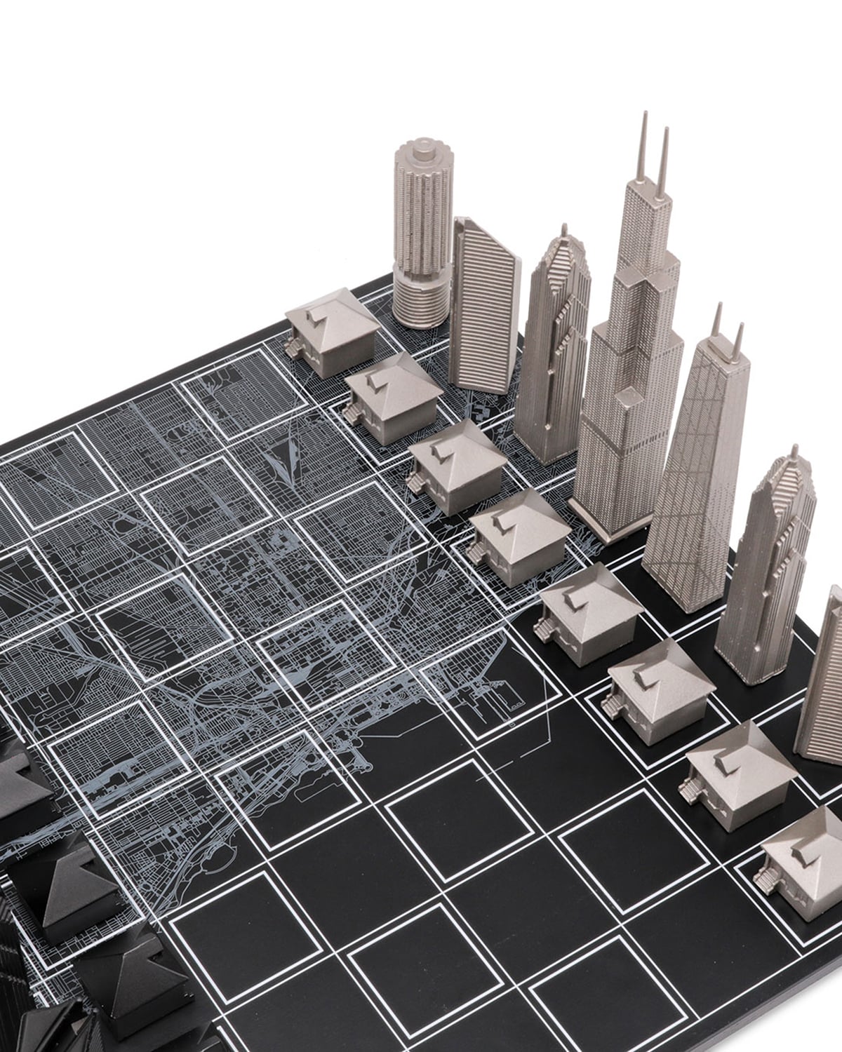 Skyline Chess Chess Set Stainless Steel CHICAGO Edition with Chicago Wood Map Board | Playroom Avenue