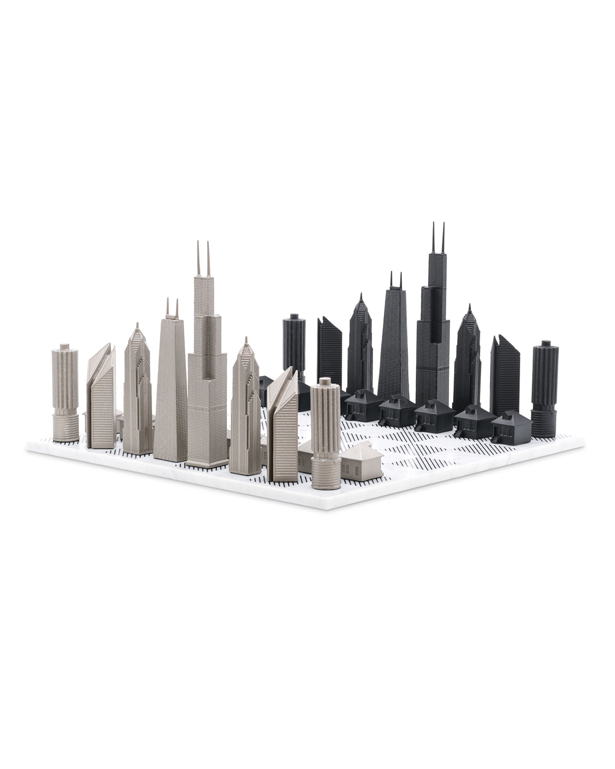 Skyline Chess Chess Set Stainless Steel CHICAGO Edition with Marble Hatch Board | Playroom Avenue